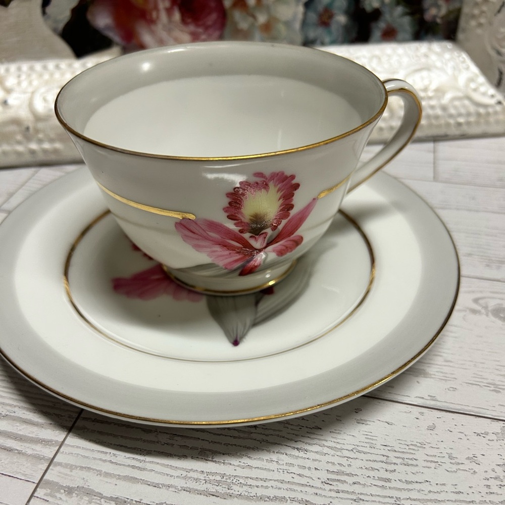 Sone hand painted china pink Orchid Grey leaves Teacup & Saucer Set hp in Japan
